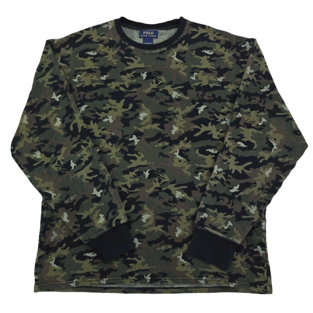 Polo Ralph Lauren Waffle Knit Thermal Camo Shirt Mens 2XL Green Long Sleeve Pony